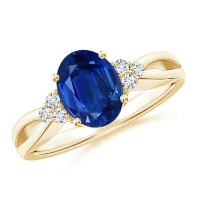 ANGARA SOLITAIRE OVAL BLUE SAPPHIRE SPLIT SHANK RING WITH TRIO DIAMONDS