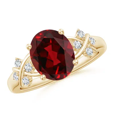 ANGARA SOLITAIRE OVAL GARNET CRISS CROSS RING WITH DIAMONDS