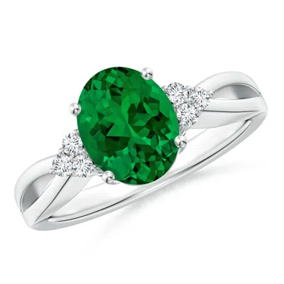 ANGARA SOLITAIRE OVAL LAB-GROWN EMERALD SPLIT SHANK ENGAGEMENT RING WITH TRIO DIAMONDS