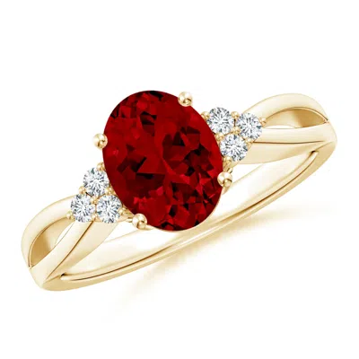 ANGARA SOLITAIRE OVAL LAB-GROWN RUBY SPLIT SHANK ENGAGEMENT RING WITH TRIO DIAMONDS