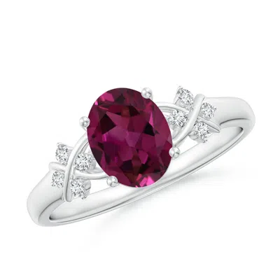 ANGARA SOLITAIRE OVAL RHODOLITE CRISS CROSS RING WITH DIAMONDS