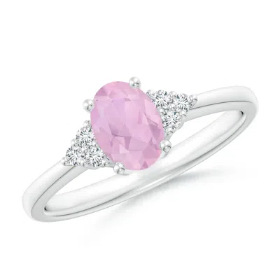 ANGARA SOLITAIRE OVAL ROSE QUARTZ RING WITH TRIO DIAMOND ACCENTS