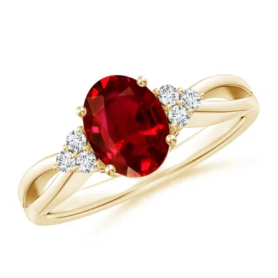ANGARA SOLITAIRE OVAL RUBY SPLIT SHANK ENGAGEMENT RING WITH TRIO DIAMONDS