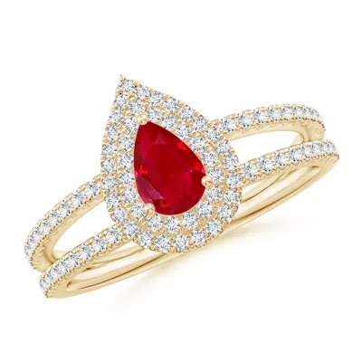 ANGARA SPLIT SHANK PEAR RUBY AND DIAMOND DOUBLE HALO RING