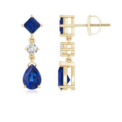 ANGARA SQUARE AND PEAR BLUE SAPPHIRE DROP EARRINGS WITH DIAMOND