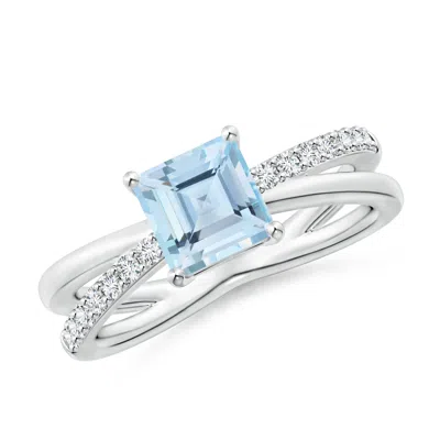 ANGARA SQUARE AQUAMARINE CROSSOVER SHANK RING WITH DIAMONDS