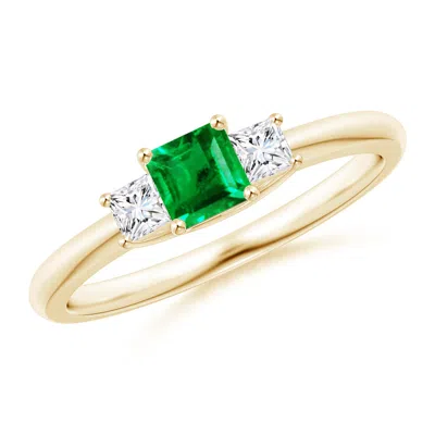 ANGARA SQUARE EMERALD AND PRINCESS DIAMOND THREE STONE ENGAGEMENT RING