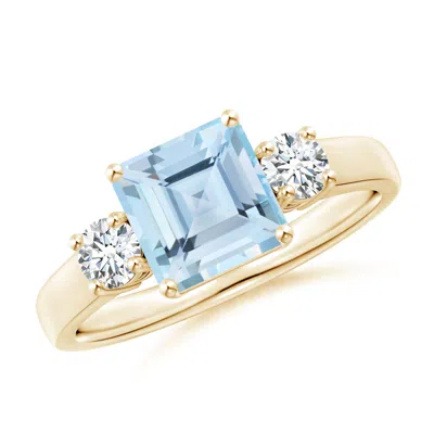 ANGARA SQUARE EMERALD-CUT AQUAMARINE AND DIAMOND THREE STONE RING