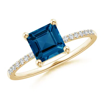 ANGARA SQUARE LONDON BLUE TOPAZ RING WITH DIAMOND STUDDED SHANK