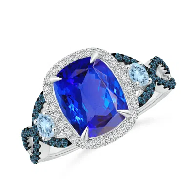 ANGARA TANZANITE AND AQUAMARINE CROSSOVER RING WITH DIAMOND HALO