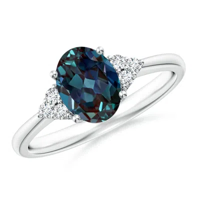 ANGARA TAPERED SHANK OVAL LAB-GROWN ALEXANDRITE RING WITH TRIO DIAMOND ACCENT