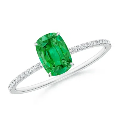 ANGARA THIN SHANK CUSHION EMERALD RING WITH DIAMOND ACCENTS