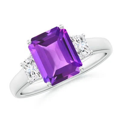 ANGARA THREE STONE EMERALD-CUT AMETHYST AND DIAMOND RING