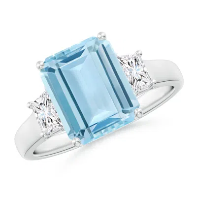 ANGARA THREE STONE EMERALD-CUT AQUAMARINE AND DIAMOND ENGAGEMENT RING