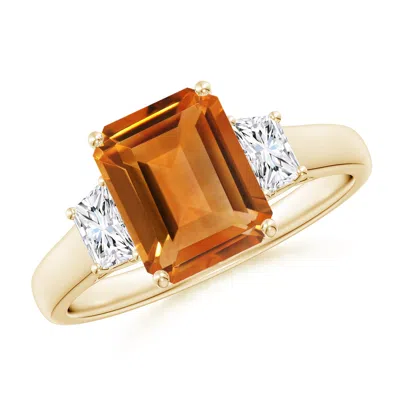 ANGARA THREE STONE EMERALD-CUT CITRINE AND DIAMOND RING