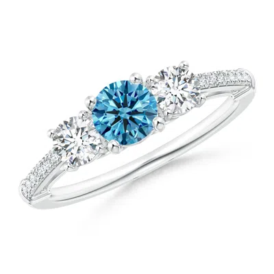 ANGARA THREE STONE FANCY INTENSE BLUE DIAMOND CATHEDRAL ENGAGEMENT RING