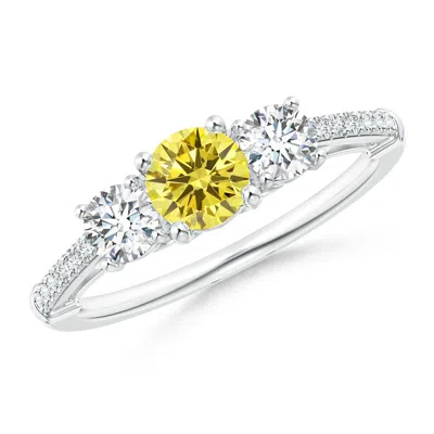 ANGARA THREE STONE FANCY INTENSE YELLOW DIAMOND CATHEDRAL ENGAGEMENT RING