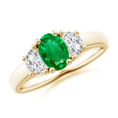 ANGARA THREE STONE OVAL EMERALD AND HALF MOON DIAMOND RING