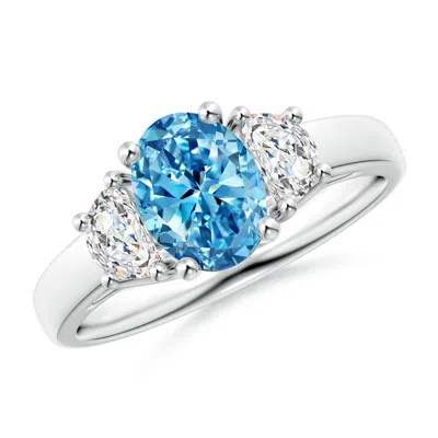 ANGARA THREE STONE OVAL LAB-GROWN FANCY INTENSE BLUE AND HALF MOON WHITE DIAMOND RING