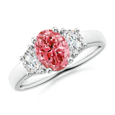 ANGARA THREE STONE OVAL LAB-GROWN FANCY INTENSE PINK AND HALF MOON WHITE DIAMOND RING