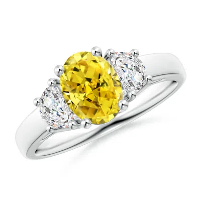ANGARA THREE STONE OVAL LAB-GROWN FANCY INTENSE YELLOW AND HALF MOON WHITE DIAMOND RING