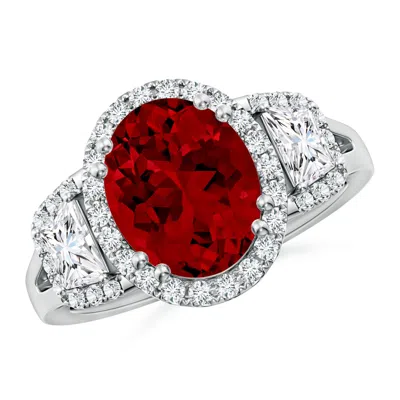 ANGARA THREE STONE OVAL LAB-GROWN RUBY AND TRAPEZOID DIAMOND HALO ENGAGEMENT RING
