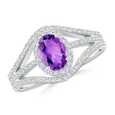 ANGARA TRIPLE SHANK OVAL AMETHYST AND DIAMOND HALO RING