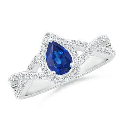 ANGARA TWIST SHANK PEAR BLUE SAPPHIRE RING WITH DIAMOND HALO