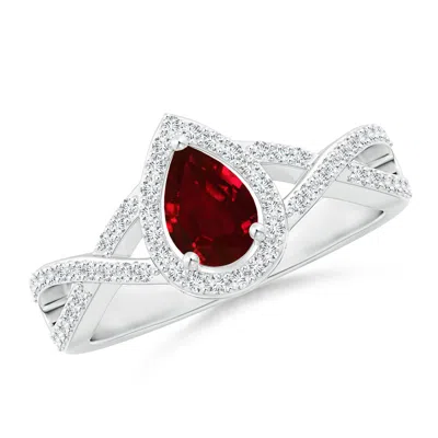 ANGARA TWIST SHANK PEAR RUBY RING WITH DIAMOND HALO