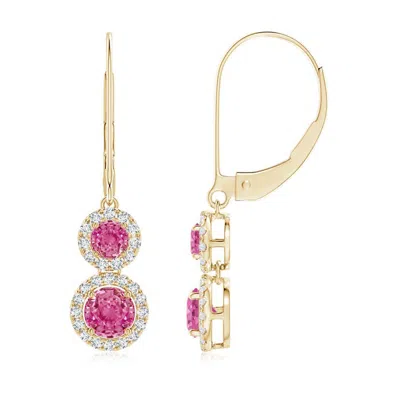 ANGARA TWO TIER PINK SAPPHIRE LEVERBACK EARRINGS WITH DIAMOND HALO