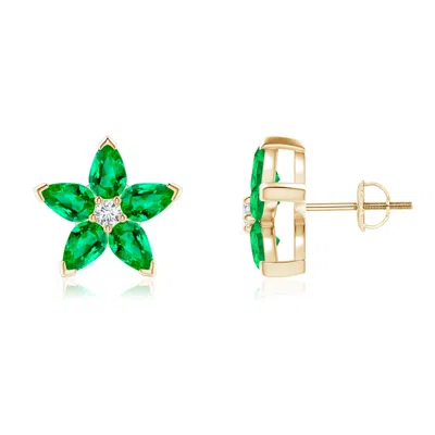 ANGARA V-PRONG SET EMERALD AND DIAMOND FLOWER STUD EARRINGS