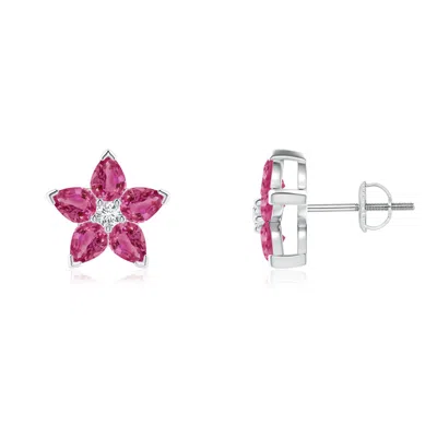 ANGARA V-PRONG SET PINK SAPPHIRE AND DIAMOND FLOWER STUD EARRINGS