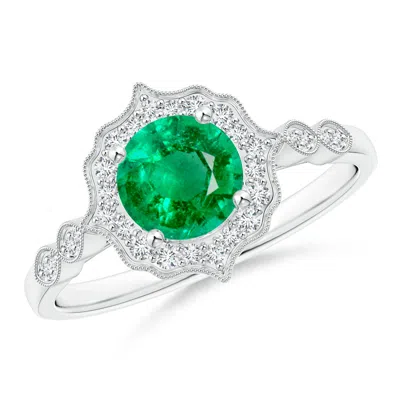 ANGARA VINTAGE INSPIRED ROUND EMERALD RING WITH ORNATE HALO