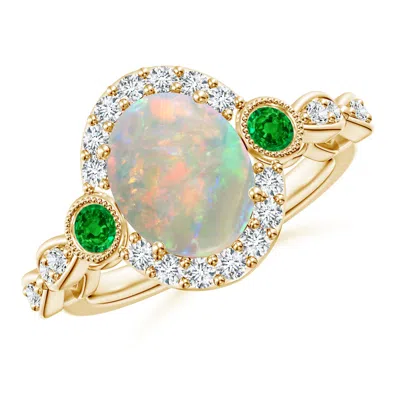 ANGARA VINTAGE OVAL OPAL AND DIAMOND HALO RING WITH BEZEL EMERALD