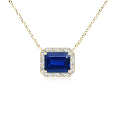 ANGARA VINTAGE STYLE EAST-WEST EMERALD-CUT LAB-GROWN BLUE SAPPHIRE HALO PENDANT
