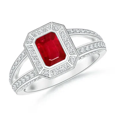ANGARA VINTAGE STYLE EMERALD-CUT RUBY SPLIT SHANK HALO RING