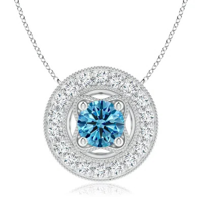 ANGARA VINTAGE STYLE LAB-GROWN FANCY INTENSE BLUE DIAMOND HALO PENDANT WITH MILGRAIN DETAILING