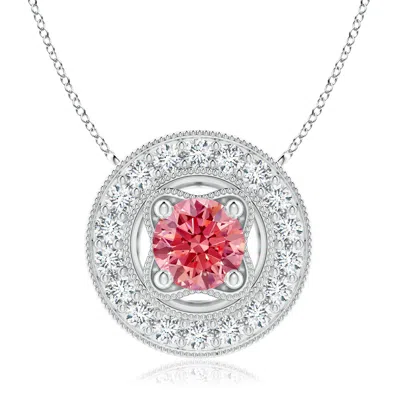 ANGARA VINTAGE STYLE LAB-GROWN FANCY INTENSE PINK DIAMOND HALO PENDANT WITH MILGRAIN DETAILING