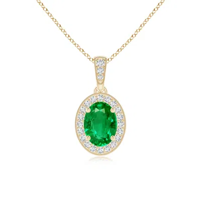 ANGARA VINTAGE STYLE OVAL EMERALD PENDANT WITH DIAMOND HALO