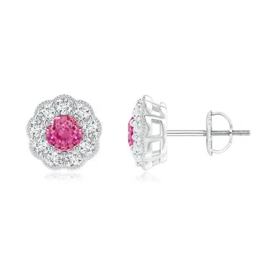 ANGARA VINTAGE STYLE ROUND PINK SAPPHIRE HALO STUD EARRINGS
