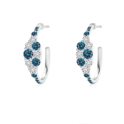 ANGARA WHITE & ENHANCED BLUE DIAMOND CLUSTER ASYMMETRICAL HOOP EARRINGS