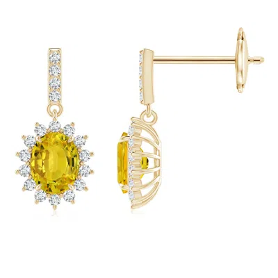 ANGARA YELLOW SAPPHIRE DANGLE EARRINGS WITH FLORAL DIAMOND HALO