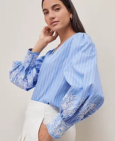 ANN TAYLOR STRIPED EMBROIDERED V-NECK POPOVER TOP