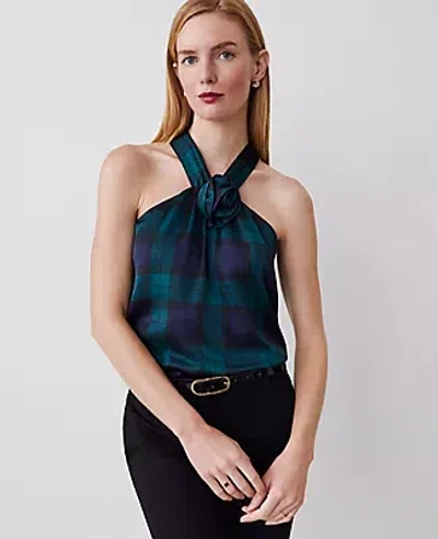 ANN TAYLOR TARTAN ROSETTE DRAPE-NECK HALTER TOP