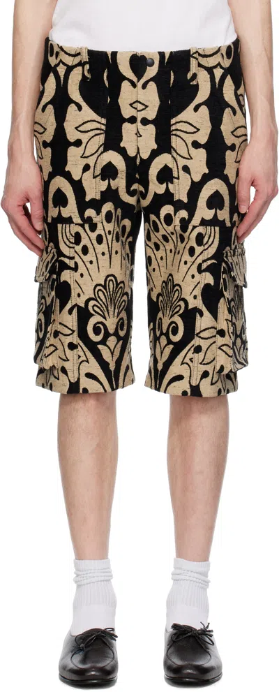 ANNA SUI BLACK & BEIGE BEARDSLEY TAPESTRY CARGO SHORTS