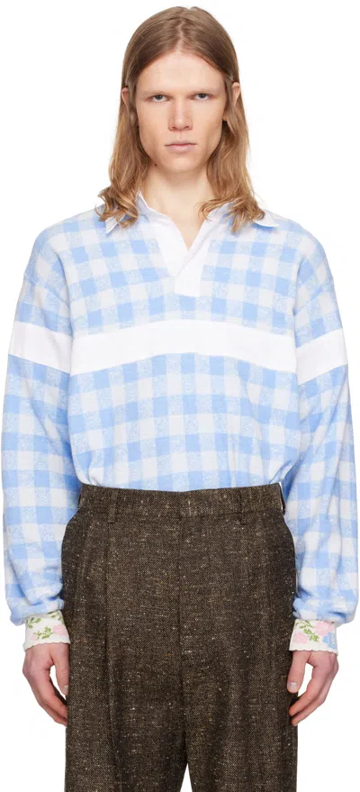 ANNA SUI BLUE & WHITE GINGHAM TERRY LONG SLEEVE POLO