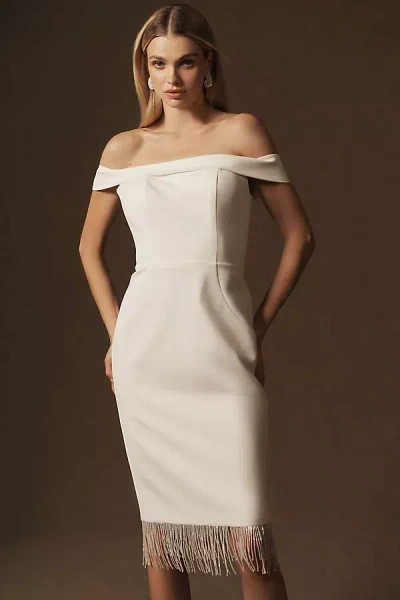 ANNE BARGE I GOT YOU BABE OFF-THE-SHOULDER BEADED FRINGE CREPE MIDI DRESS