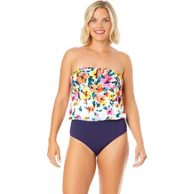 ANNE COLE GRADIENT FLORAL STRAPLESS BLOUSON KEYHOLE ONE PIECE SWIMSUIT