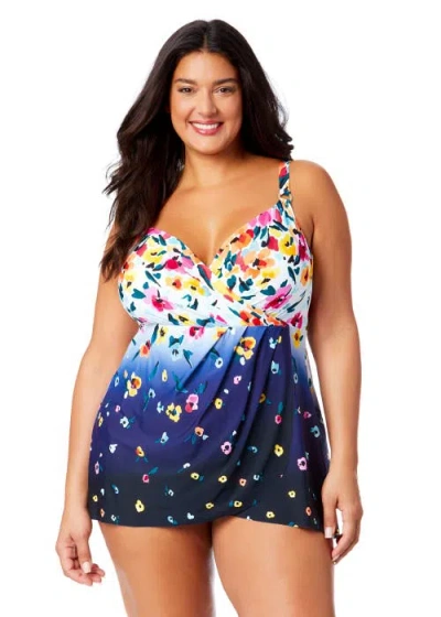 ANNE COLE PLUS PLUS GRADIENT FLORAL SWIM DRESS WITH SKIRTED BOTTOM