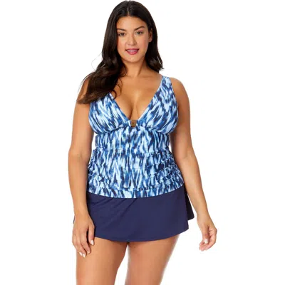ANNE COLE PLUS PLUS TIE DYE IKAT RING PLUNGE TANKINI SWIM TOP